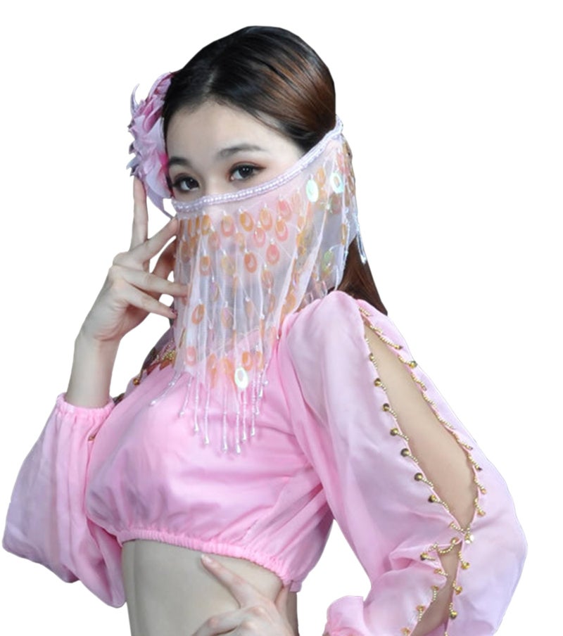 Astage Belly Dance Veil Face Scarf Trible Egyptian Mask Halloween Accessories Pink - Image 2